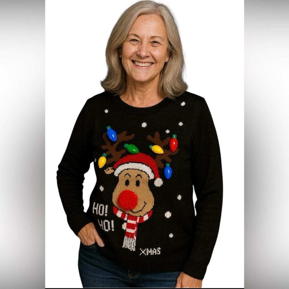 Women’s Christmas Sweater Red Nose Rudolph Size Large. Brighten everyone’s day!